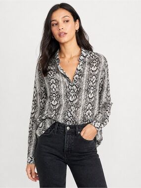 H&M Snake Print Button-Down Shirt - Black, Gray Rayon-Edgy Chic- Size 8